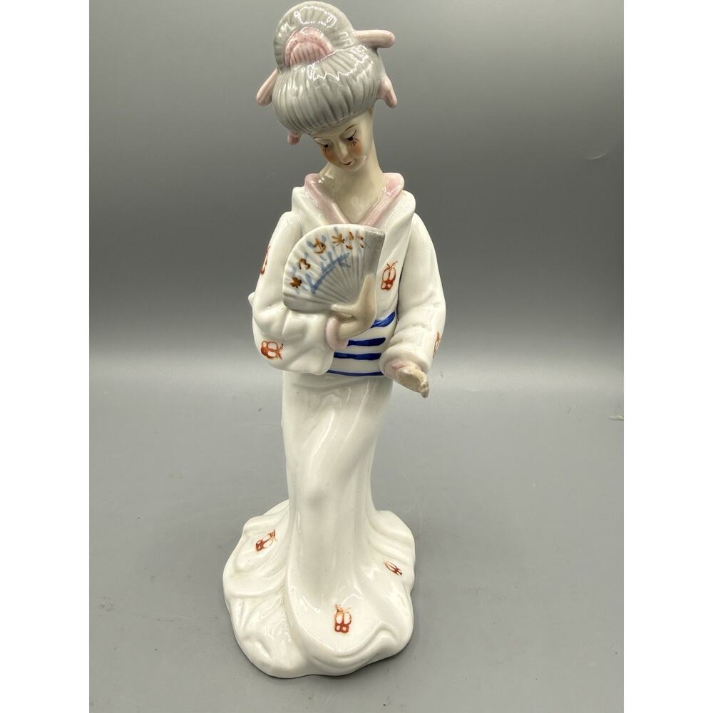 Vintage Porcelain Geisha Lady Figurine Vase Planter Blue White 9.5” Japan